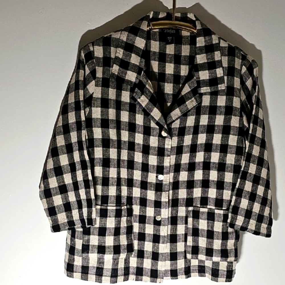 TOOFAN Linen Women's Black and White Checkered Jacket.‎ 2 Pockets Size Meduim.